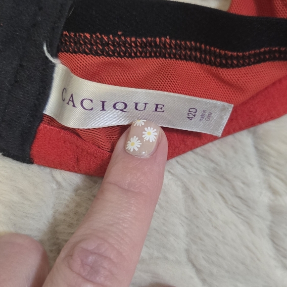 Cacique Red Lace Black Trim Plunge Bra, Size 42D - Picture 2 of 9